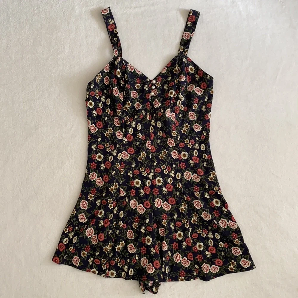 {NWT/VTG} Lingerie Cacique | Dark Floral Satin Pajama Sleep Romper Blue (S) - Picture 16 of 16